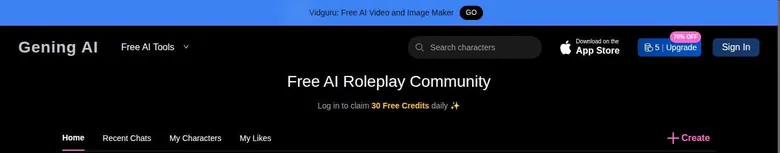 Gening AI header for a guest with credit counter, Upgrade button and Sign In