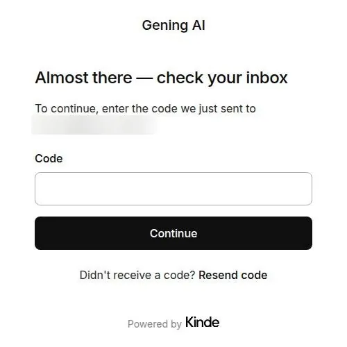Kinde code entry page for Gening AI with an empty Code field and a Resend code link