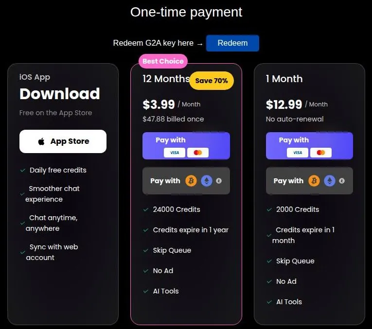 Gening AI pricing tiles: iOS app download, 12 Months and 1 Month one-time plans
