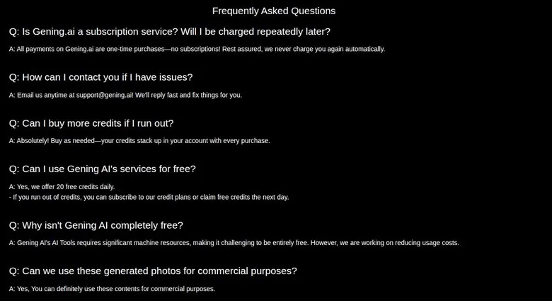 Gening AI pricing FAQ about one-time payments, support email, free credits and commercial use