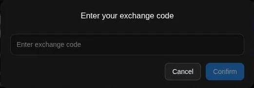 Gening AI dialog asking for an exchange code with Cancel and Confirm buttons