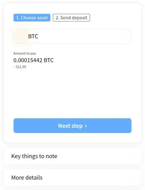 NOWPayments invoice page with BTC selected and the amount to pay