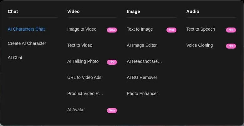 Gening AI Free AI Tools menu with Chat, Video, Image and Audio columns