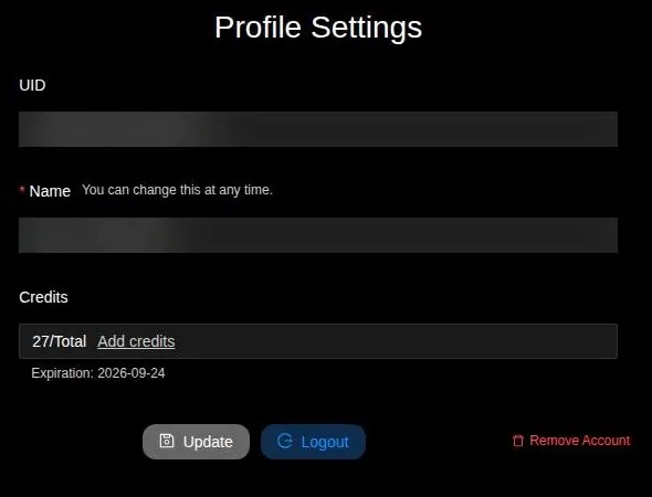Gening AI profile settings with credit balance, expiration date, Logout and Remove Account