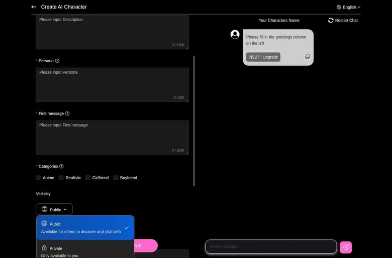 Gening AI Create AI Character form with persona, first message, categories and visibility menu