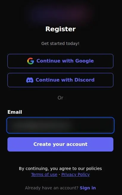 GirlfriendGPT register form with Google, Discord and e-mail sign-up options