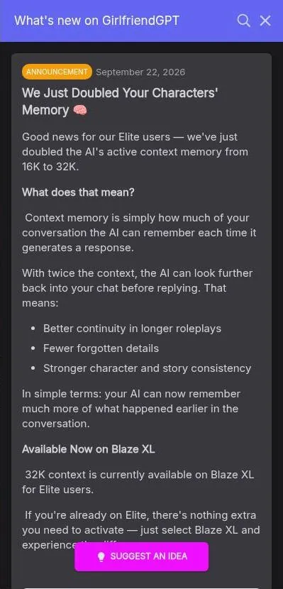GirlfriendGPT changelog panel announcing that Elite characters' context memory doubled from 16K to 32K