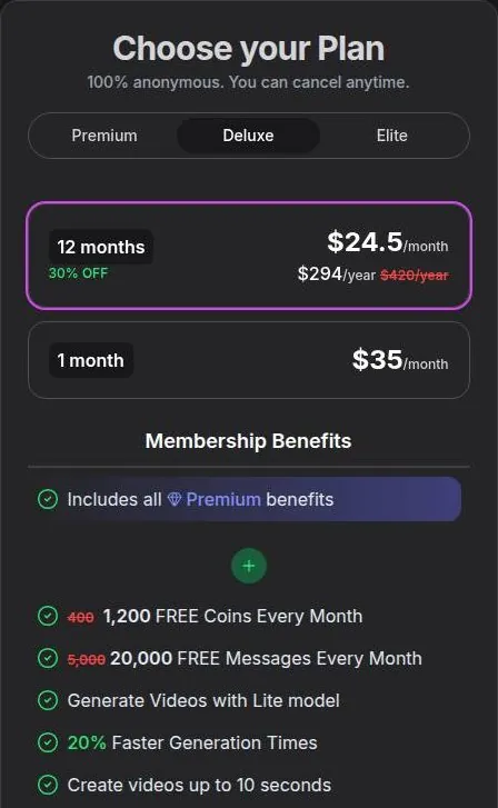 GirlfriendGPT Deluxe plan card showing yearly and monthly options and added benefits over Premium