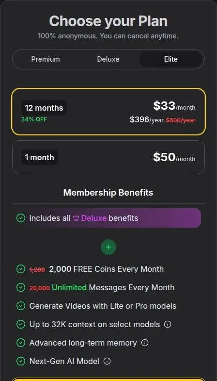 GirlfriendGPT Elite plan card with unlimited messages, long-term memory and yearly discount