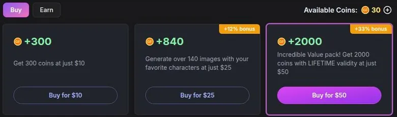 GirlfriendGPT coin store with three coin packs and a balance of 30 coins