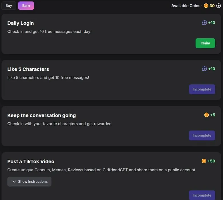 GirlfriendGPT Earn tab listing daily login, like and social-post tasks with their rewards