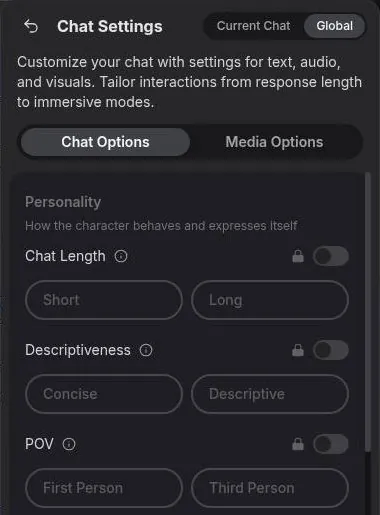 GirlfriendGPT chat settings panel with locked personality options on the free plan