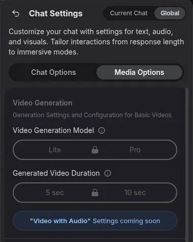 GirlfriendGPT media options with locked video model and video length settings