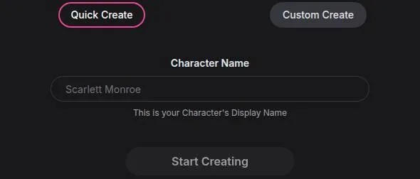 GirlfriendGPT create character screen with Quick Create and Custom Create options and a name field