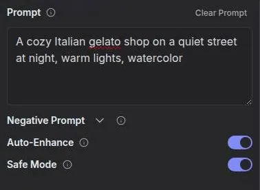 GirlfriendGPT image creator settings with a prompt, negative prompt, auto-enhance and Safe Mode switched on