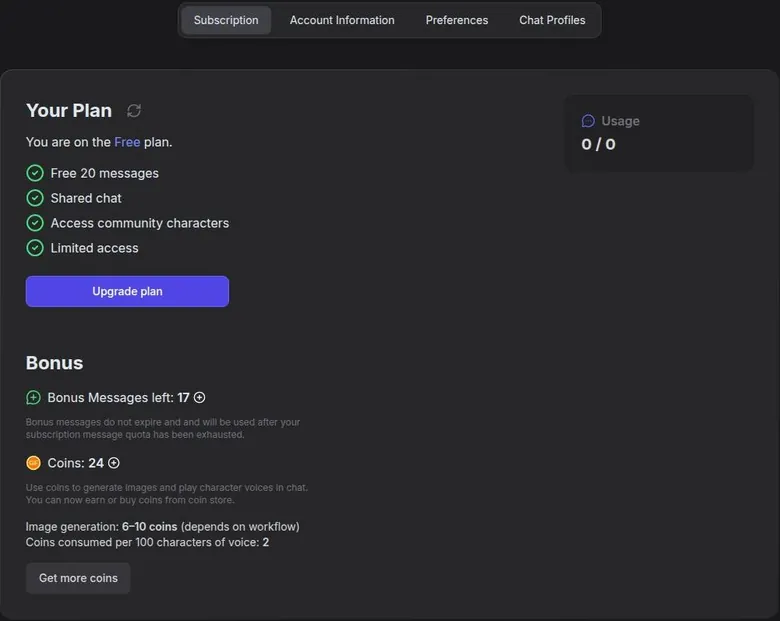 GirlfriendGPT account page showing the free plan, remaining bonus messages and coin balance