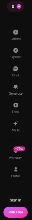 GoLove AI sidebar menu with credit counter, Create, Explore, Chat, Generate, Feed, My AI, Premium and Profile
