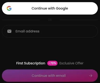 GoLove AI sign-in form with Google and e-mail options shown instead of the premium plans page