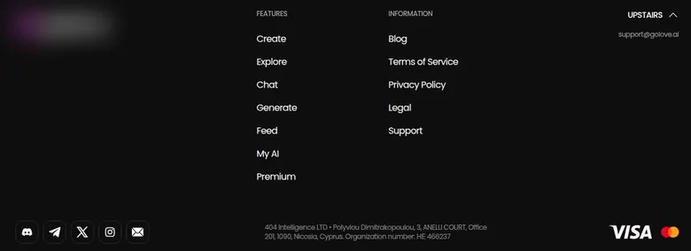 GoLove AI footer with feature links, legal links, social icons, Cyprus company address and card logos