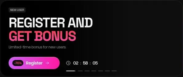 GoLove AI new user banner with a discount badge, Register button and countdown timer