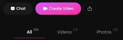 GoLove AI character profile buttons for Chat and Create Video with All, Videos and Photos tabs