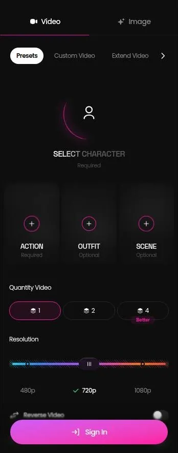 GoLove AI video generator settings with character, action, outfit, scene, quantity and resolution options