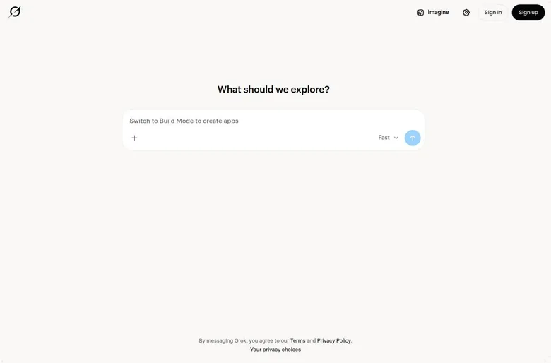 Grok web home page with a single chat box and Sign in and Sign up buttons