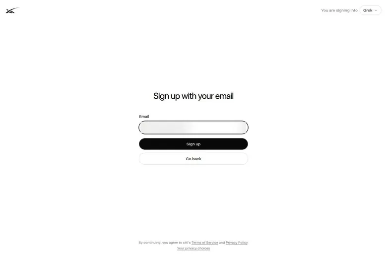xAI accounts page with a single email field and a Sign up button for Grok