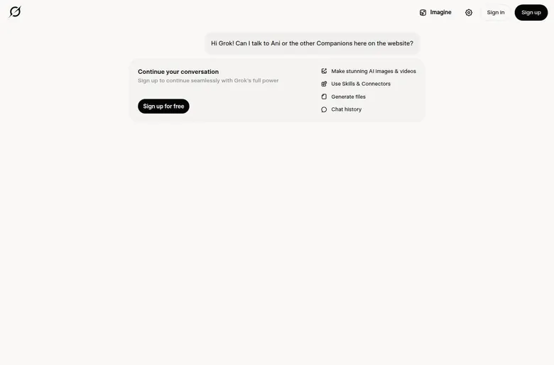 Grok guest chat where the first message is followed by a Sign up for free card instead of a reply
