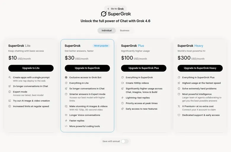 SuperGrok plans page with Lite, SuperGrok, Plus and Heavy cards on monthly billing