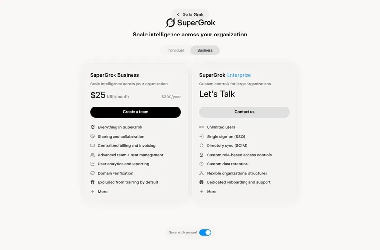 SuperGrok Business and Enterprise plan cards on the Grok plans page