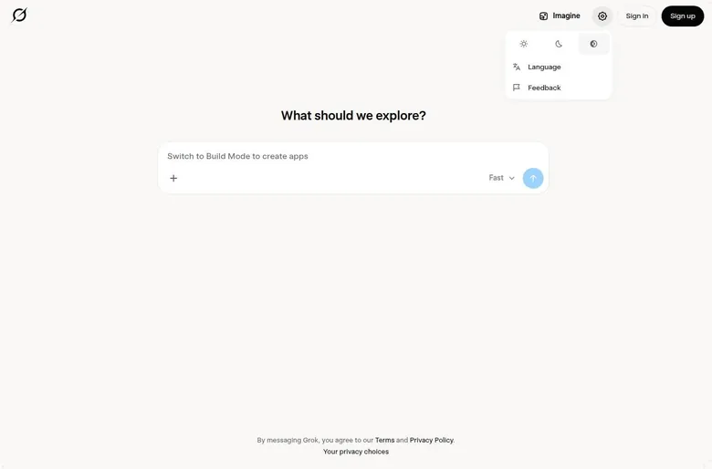 Grok guest settings menu with theme icons, Language and Feedback