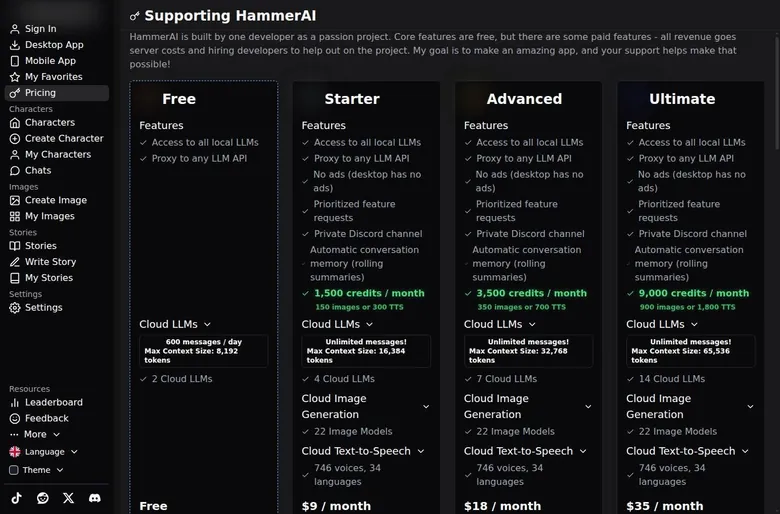 HammerAI pricing page with Free, Starter, Advanced and Ultimate plan cards