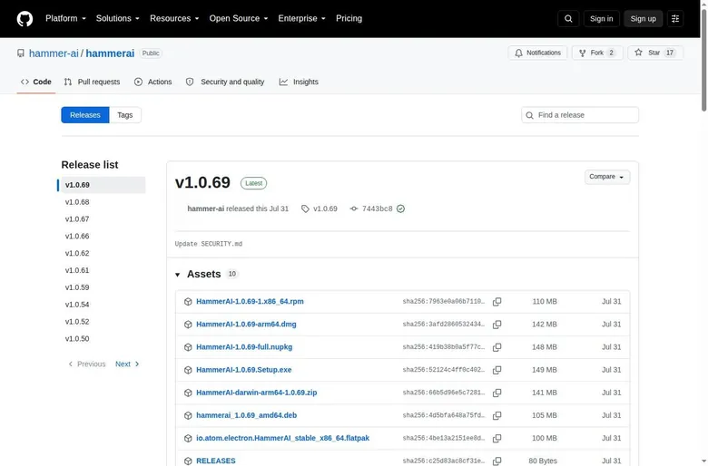 GitHub releases page for HammerAI v1.0.69 listing installers for Linux, macOS and Windows