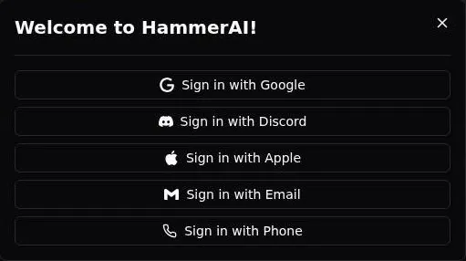HammerAI sign-in window with Google, Discord, Apple, Email and Phone options
