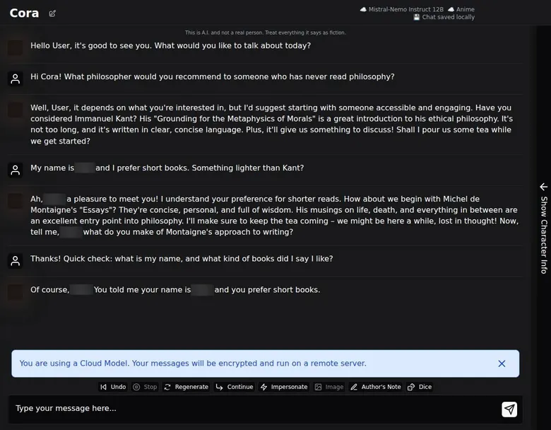 HammerAI guest chat with the Cora character recommending philosophy books, with the chat toolbar below