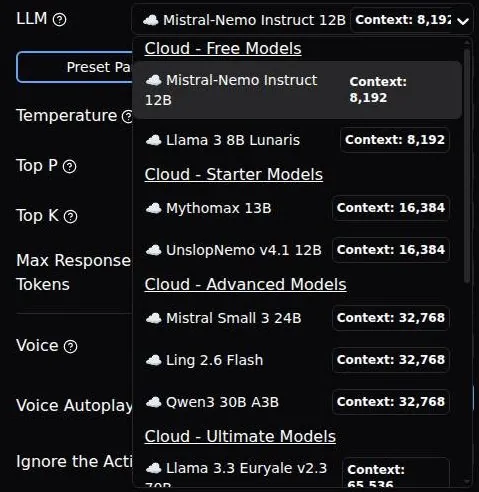 HammerAI model picker listing cloud language models grouped by Free, Starter, Advanced and Ultimate plans