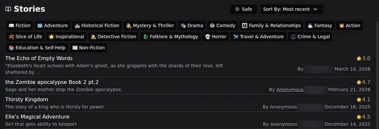 HammerAI public stories feed with genre filters and rated user stories