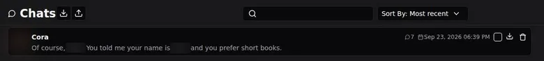 HammerAI chats list with one saved chat and export, import and delete icons