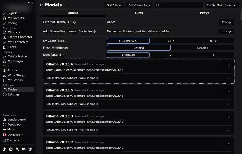 HammerAI desktop Ollama tab with version downloads and engine tuning options
