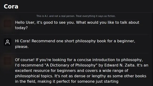 HammerAI desktop chat where the Cora character recommends a philosophy book