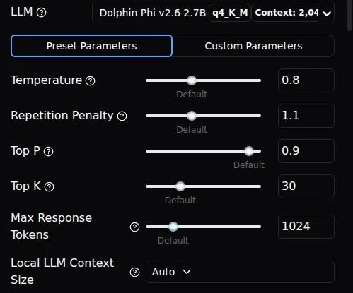 HammerAI local model settings with temperature, repetition penalty, top P, top K and context size