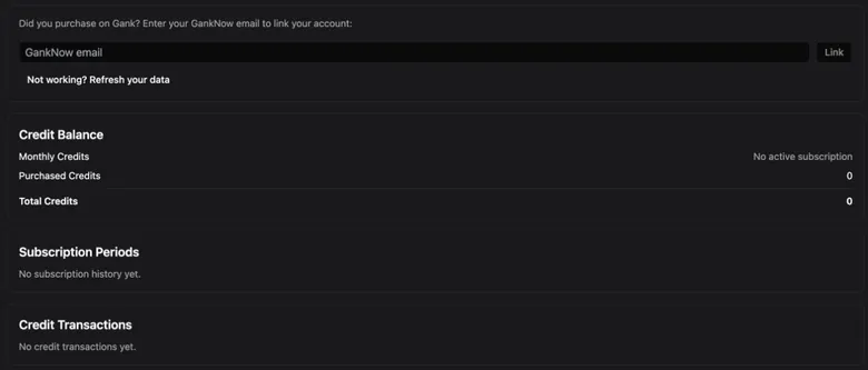 HammerAI Payments tab showing a zero credit balance and an empty field to link a Gank purchase