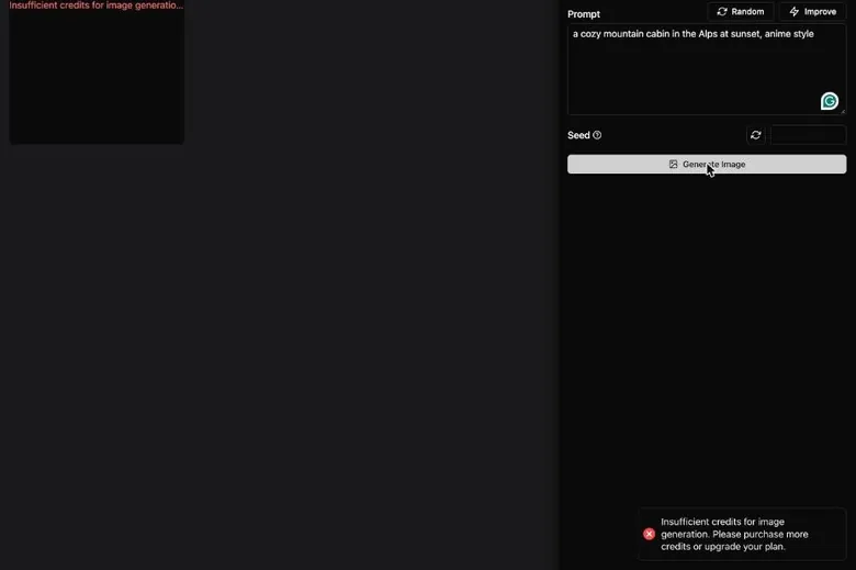 HammerAI image creator showing an insufficient credits error after clicking Generate Image
