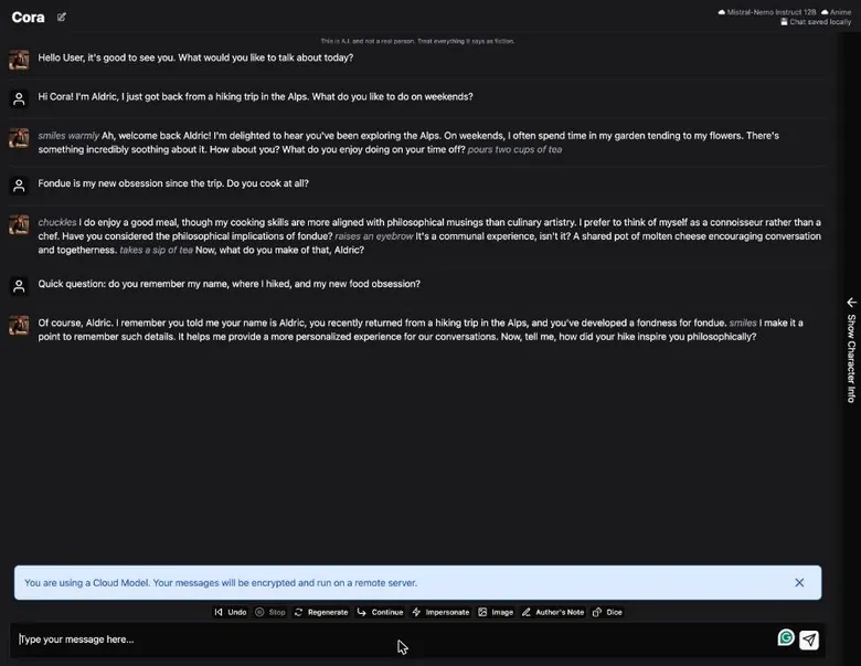 HammerAI chat where the Cora character correctly recalls the user's name, hiking trip and favourite food