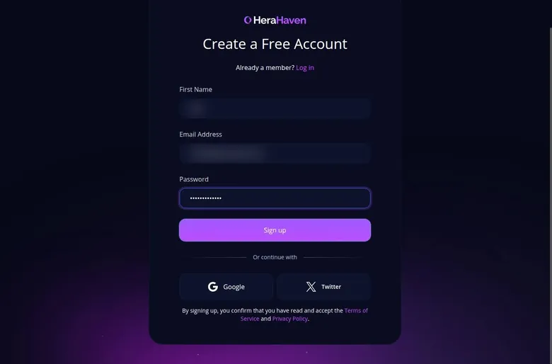 HeraHaven sign-up form with name, e-mail and password fields plus Google and Twitter buttons
