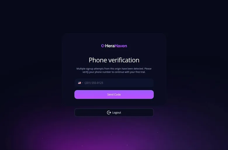 HeraHaven phone verification screen with a phone number field and a Send Code button