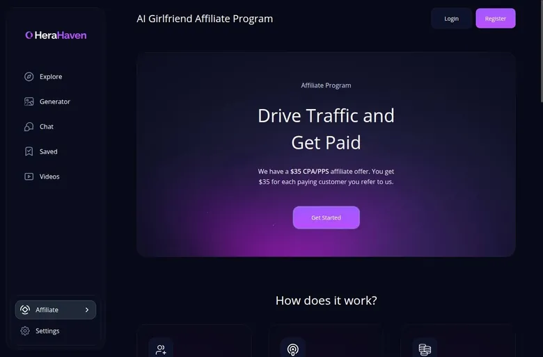 HeraHaven affiliate program page with a Drive Traffic and Get Paid banner and a Get Started button