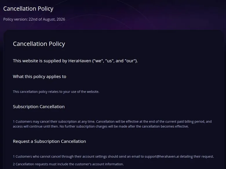 HeraHaven cancellation policy text, version of 22 August 2026, with the subscription cancellation sections