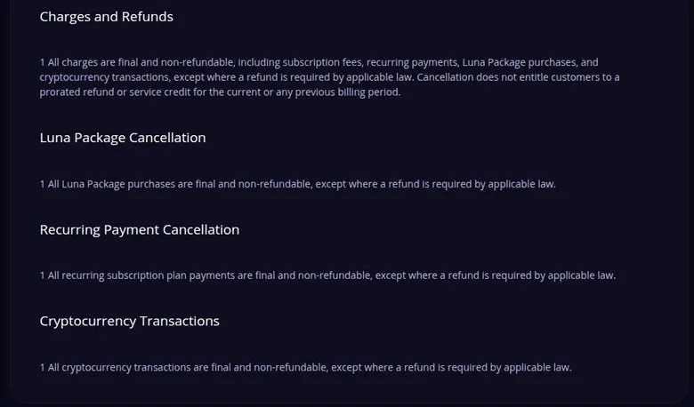 HeraHaven refund terms stating that subscriptions, Luna packs and crypto payments are non-refundable